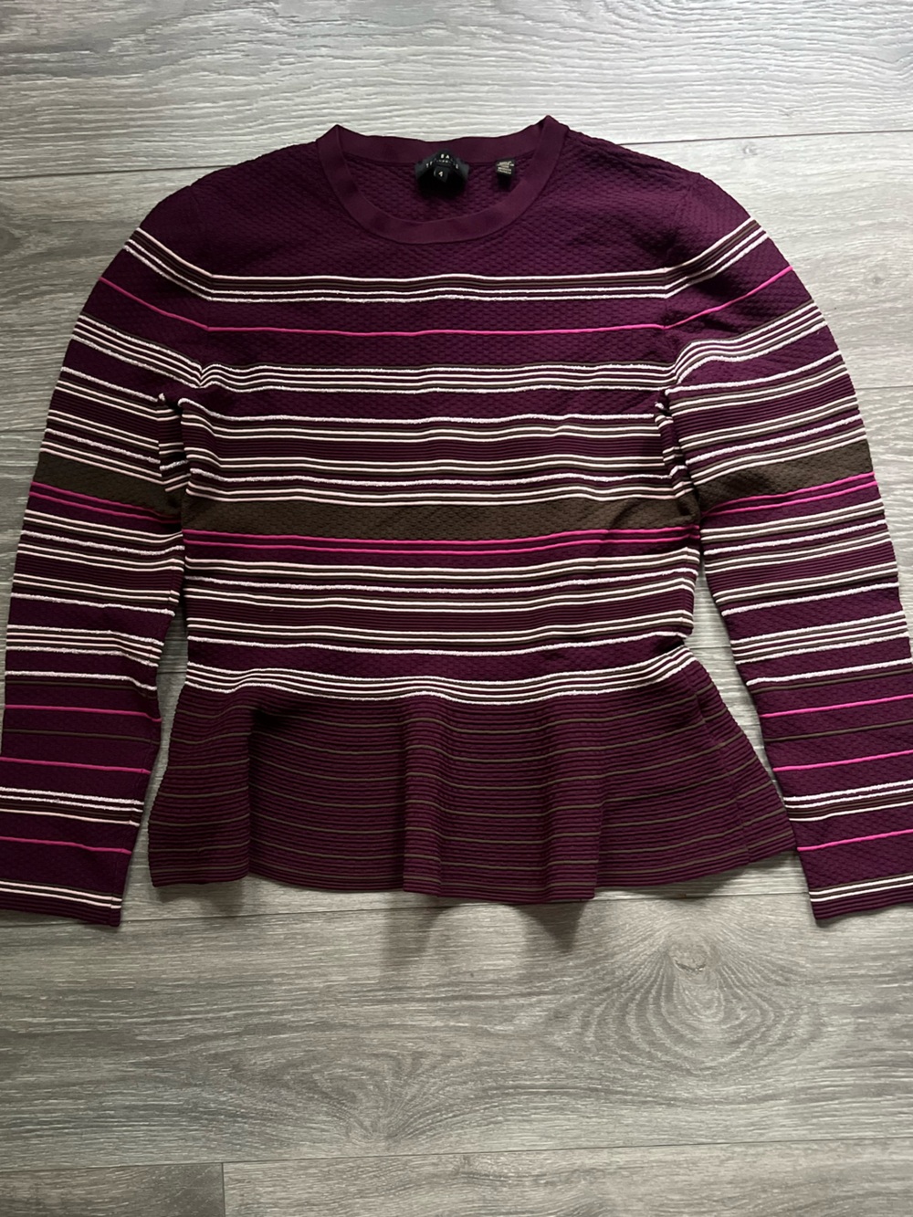 Ted Baker Wine Pink Striped Long Sleeve Leytina Peplum Crew Neck Top Size 4